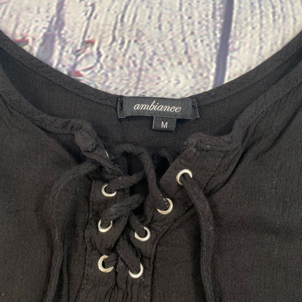 Ambiance Lace Up Front Strappy Black Crop Top - Picture 2 of 5